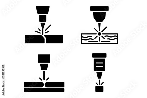 Laser technology and processing icon set of 4 including cutting, engraving, welding, marking, and machine components pictograms for precision industrial beam control and manufacturing