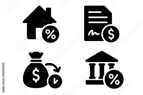 Loan and Finance Icon Set of 4. Vector Glyph Pictograms of Mortgage, Percentage, Loan Agreement, Money Bag, Repayment, Banking, Credit, Interest Rate, Black Silhouette Financial Icons