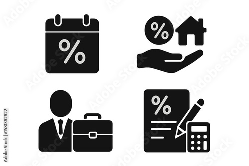 Loans and Mortgages Glyph Icon Set of 4, Vector Pictograms of Percent, Calendar, Payment, Interest, Agreement, Broker, Business, Briefcase, Calculator, Black Silhouette Symbols