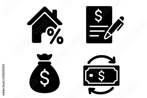 Loan and Finance Icon Set of 4 Vector Glyphs, Mortgage, Percentage, Loan Agreement, Money Bag, Repayment, Banking, Credit, Interest Rate, Black Silhouette Symbols