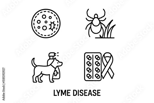 Lyme disease line icon set of 4, vector pictograms of pathogen spirochete, tick insect, repellent spray, dog protection, antibiotic pills, doxycycline, prevention