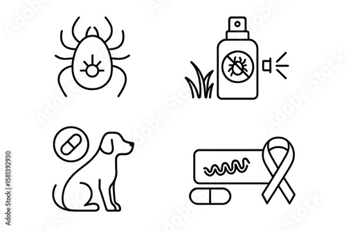 Lyme Disease Vector Icon Set of 4, Line Art Pictograms of Tick Pathogen, Insect Repellent Spray, Dog with Spirochete, Antibiotic Pill Doxycycline, Disease Prevention Symbols