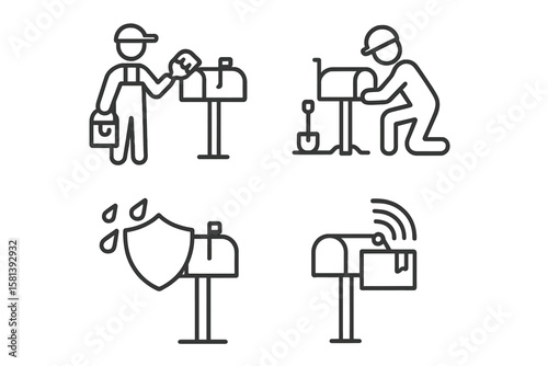 Mailbox installation line icon set with decorative paint, professional installer, posthole digging, waterproof parcel, secure sensor, smart home, thin linear vector pictograms