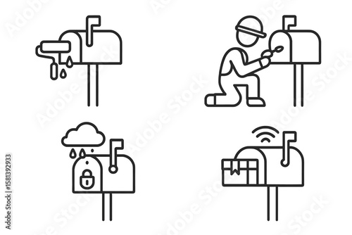 Mailbox installation line icon set with 4 vector pictograms featuring decorative paint, professional installer, posthole, waterproof parcel box, secure sensor, smart technology, thin linear style