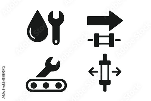 Manufacturing glyph icon set, 4 vector pictograms of forward reverse motion, droplet fluid, tool wrench, lubrication, conveyor, hydraulic pneumatic system, black industrial glyphs