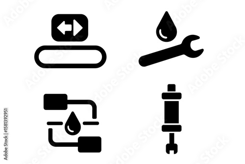 Manufacturing glyph icon set vector with 4 industrial pictograms including forward, reverse arrows, droplet fluid symbol, tool wrench, lubrication, conveyor, hydraulic and pneumatic black signs