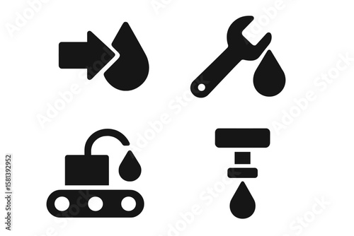 Manufacturing icon set with 4 glyphs, vector pictograms of forward, reverse, droplet, fluid, tool, wrench, lubrication, conveyor, hydraulic, pneumatic, black signs, industrial symbols