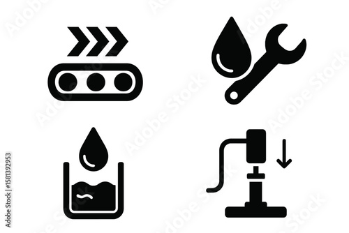 Manufacturing glyph icon set of 4, vector pictograms of forward and reverse conveyor, droplet fluid, tool wrench, lubrication, hydraulic and pneumatic system icons, black signs
