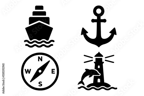 Nautical Maritime Icon Set – Black Silhouette Vector Collection of Ship, Anchor, Compass, Lighthouse, Dolphin, Ocean Navigation, Sailing, Marine Life, Sea Travel Symbols