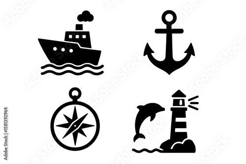 Maritime and nautical icon set with ship, anchor, compass, lighthouse, dolphin, sailing, marine life, and ocean travel black silhouette vector glyph pictograms for sea adventure and navigation