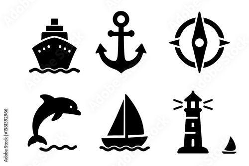 Maritime and nautical icon set of 6. Vector glyph pictograms including ship, anchor, compass, lighthouse, dolphin, sailing, marine life, ocean travel, black silhouette symbols