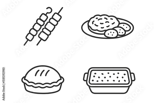 Meat product icon set of 4. Vector linear pictograms of kebab, shashlik, ground beef, tartare, carpaccio, patty, pie, casserole. Thin line meat food symbols collection.