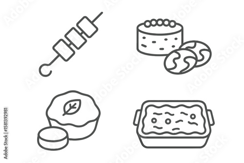 Meat product line icon set with kebab, shashlik, ground beef, tartare, carpaccio, patty, pie, casserole, thin linear vector illustrations for food and cooking