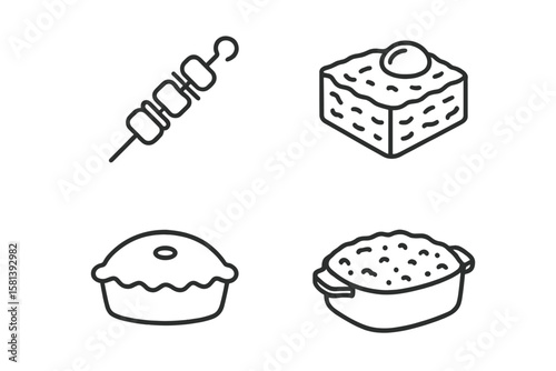 Meat product line icon set of 4, vector pictograms of kebab, shashlik, ground beef, tartare, carpaccio, patty, pie, casserole, thin linear vector design, food icons