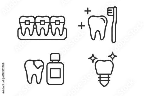 Medical dental care line icon set with braces, implants, cavities, toothbrush, oral hygiene, gums, mouthwash, whitening treatments, tooth crown and root vector pictograms