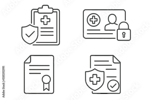 Medical law and ethics line icons set illustrating healthcare compliance, patient privacy protection, legal documents, scales of justice, insurance policies, and medical regulations vector outline