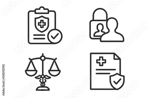 Medical law and ethics line icons illustrating healthcare compliance, patient privacy, legal documents, scales of justice, insurance policies, vector outline set