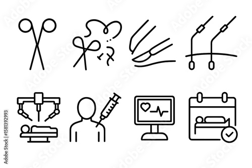 Medical surgery vector line icon set of 4. Surgical tools and equipment including scissors, suture, incision, laparoscopy, robotic surgery, injection, patient monitor, schedule, procedure pictograms