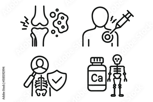 Medical Line Icon Set of 4 Arthritis Osteoporosis Pain Injury Inflammation Injection Diagnosis Prevention Healthcare Calcium Supplement Vector Pictograms