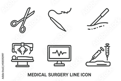 Medical Surgery Icon Set of 4 Vector Pictograms Including Scissors, Suture, Incision, Laparoscopy, Robotic Surgery, Injection, Monitor, Patient, Schedule, Equipment, Procedure Symbols