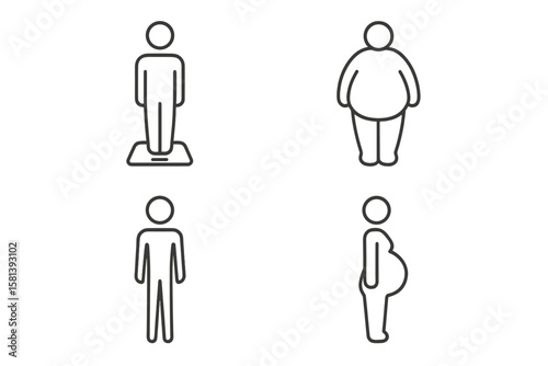 People body different weights line icon set of 4, vector pictograms of figure, scale, overweight, underweight, pregnant, BMI, health, thin linear illustration, diverse body types