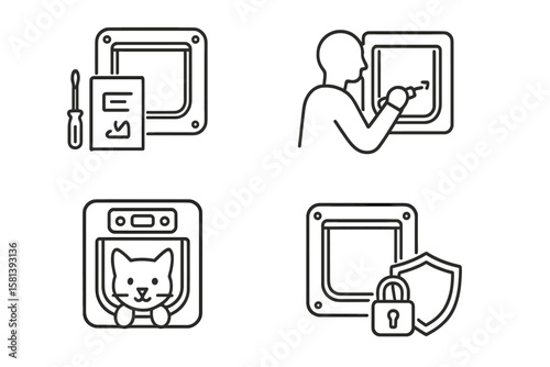 Pet door installation line icon set of 4, vector pictograms of DIY kit, professional entry, smart electronic control, secure lock, shield, thin linear illustration, pet access