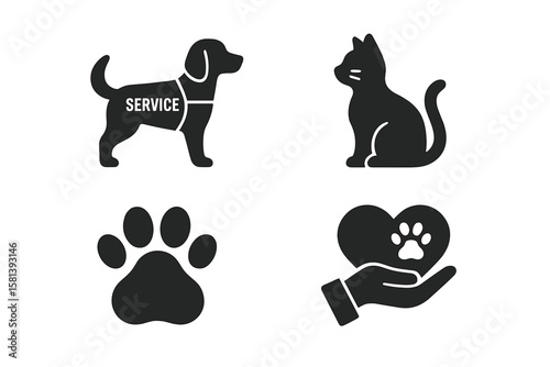 Pet service animal icon set of 4. Vector glyph pictograms of dog, cat, paw print, carrier, veterinary care, adoption, training, black silhouette illustration, animal welfare, pet care