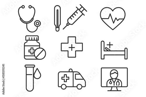 Medical icon set. Healthcare line icons. Hospital, clinic, pharmacy symbols. Stethoscope, syringe, ambulance, telemedicine pictogram collection for web and mobile apps.