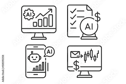 AI in finance line icon set. Fintech vector pictograms. Analytics, prediction, checklist, transaction monitor, mobile app, chatbot, chart, stock market trading concept.