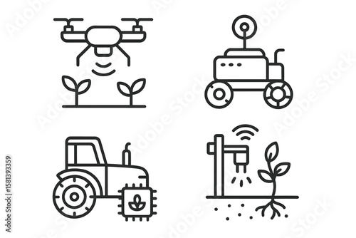 Agriculture technology line icon set. Agri-tech vector pictogram. Smart farming automation. Drone, robot, autonomous tractor, chip, sensor, irrigation, biotech illustration.