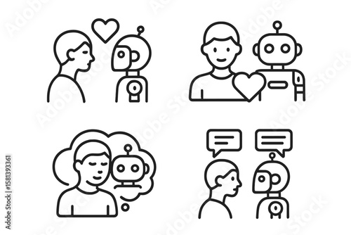 AI relationship and human-robot interaction line icon set. Artificial empathy, virtual love and chatbot communication. Man and future android friend connection pictogram.