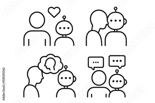 AI relationship icon set. Human and robot love. Artificial intelligence empathy. Man talking to a chatbot. Future tech, mental projection, intimacy. Vector pictogram illustration.