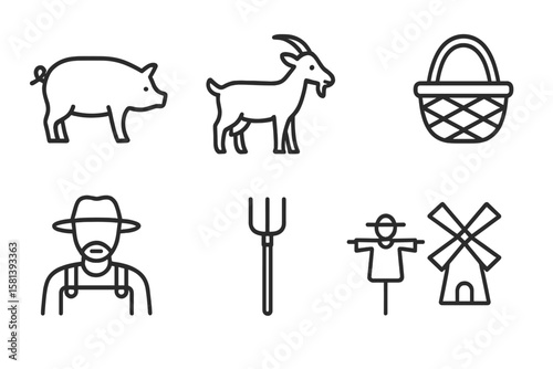 Agriculture and farm life line icon set. Vector pictograms of farm animals like pig and goat, farmer with pitchfork, scarecrow, windmill, basket with eggs, and beekeeper.