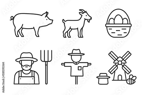 Agriculture and farm thin line icon set. Vector pictograms of pig, goat, farmer, scarecrow, windmill, beekeeping. Rural life and farming outline symbols collection.