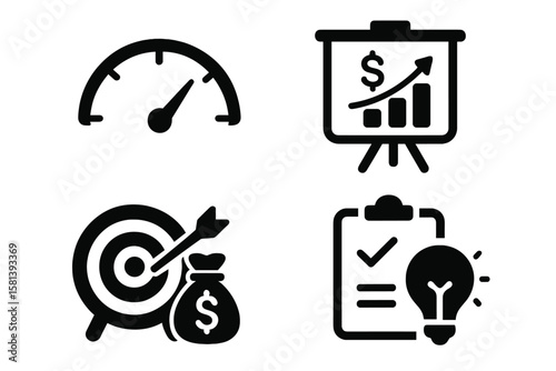 Business analytics glyph icons. Vector pictograms for performance metrics, financial reporting, sales growth chart, achieving goals, and innovative strategy concepts.