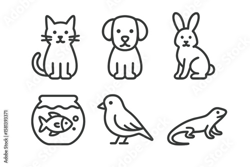 Pets line icon set featuring cat, dog, rabbit, fish, bird, lizard. Thin linear domestic animal pictograms. Minimalistic vector illustration, transparent background, modern pet icons.