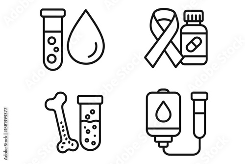 Anemia and blood disorder line icon set of 4, vector pictograms of blood test, droplet, supplement bottle, awareness ribbon, bone marrow, plasma transfusion, lab equipment