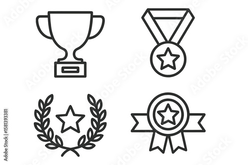 Award achievement line icon set. Trophy, medal, victory symbols. Laurel wreath, star, prize concepts. Success, winner, first place outline icons. Competition champion reward.
