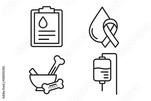 Anemia blood disorder line icons. Hematology, oncology concepts. Vector pictogram of lab test, awareness ribbon, bone marrow transplant, plasma transfusion and donation.