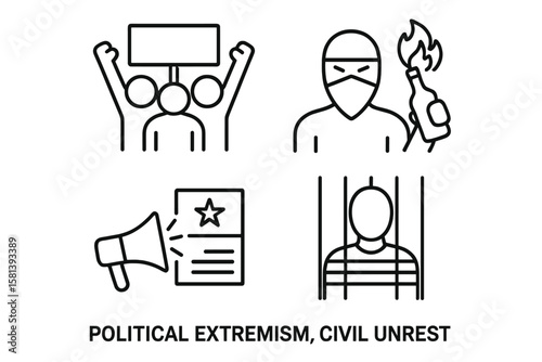 Political Extremism and Civil Unrest Line Icon Set of 4, Vector Pictograms of Protest, Rebellion, Societal Conflict, Propaganda, Molotov Cocktail, Political Prisoner, Thin Line