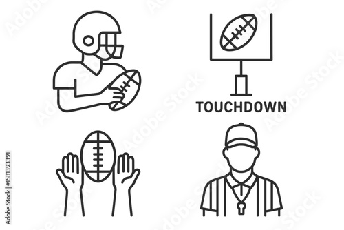 American football line icon set. Vector pictograms of player, equipment, game elements, team spirit. Quarterback with ball, touchdown goal, hands catch, and referee icons.
