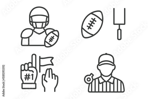 American football sport game line icon set. Player, quarterback, referee, fan. Equipment pictogram. Ball, helmet, goal post, whistle. Team spirit, touchdown vector concept.