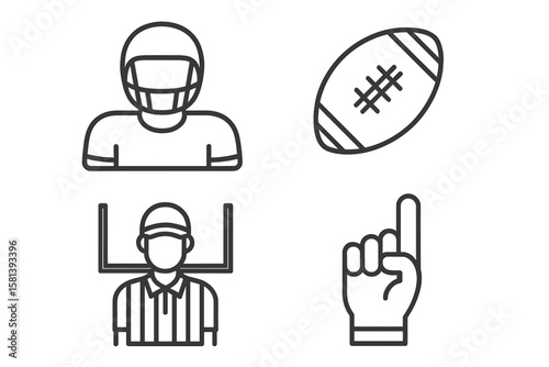 American football sport line icon set. Vector pictograms of player, equipment, game elements, team spirit. Quarterback, ball, touchdown, referee thin linear illustration.