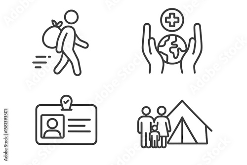 Refugee crisis line icon set. Humanitarian aid pictograms. Migration, relief efforts, global support, displaced person ID card, tent shelter, family, asylum seeker.