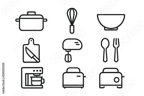 Kitchen and cooking vector line icon set. Simple outline pictograms of culinary tools, kitchenware, home appliances. Pot, whisk, bowl, knife, mixer, coffee maker, toaster.