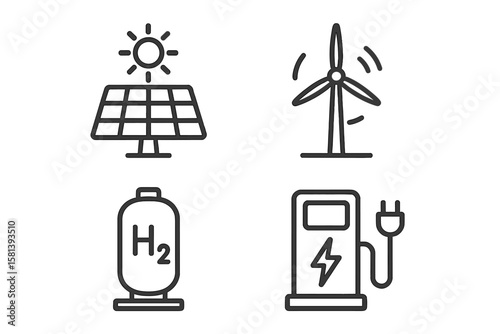 Renewable energy line icon set. Sustainable power system with solar panel, wind turbine, hydrogen H2 fuel, and EV charging station. Clean, green electricity concept.