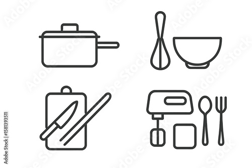 Cooking and kitchen utensil line icon set. Food preparation and cookware symbols. Vector graphic of saucepan, whisk, bowl, knife, chopping board, mixer, spoon, fork, appliance.