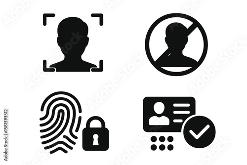 Biometric authentication vector icon set. Face recognition, fingerprint lock, denied access, and ID card permission signs. Security clearance and verification symbols.