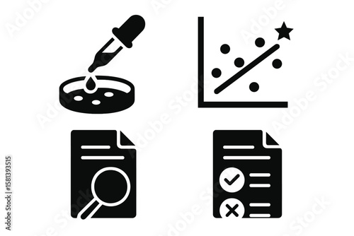 Scientific research solid glyph icon set. Lab experiment, data analysis graph, peer review document icons. Sample, pipette, correlation, regression, accepted, rejected concepts.