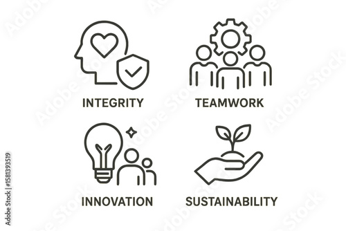 Core values line icon set. Business principles pictograms. Integrity, teamwork, innovation, sustainability. Company culture, mission, vision, ethics, social responsibility.